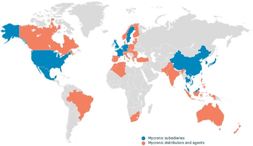 A map of Mycronic's spread worldwide
